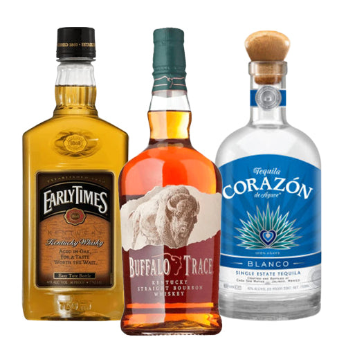 Buffalo Trace Bourbon, Early Times Kentucky Whisky, Corazon de Agave Tequila Bundle - AtoZBev